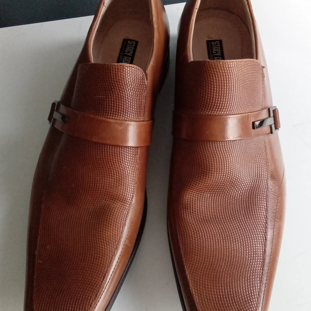 Stacy Adams Mens Cognac Brown Textured Square Toe Slip On‎ Loafers Dress Shoes